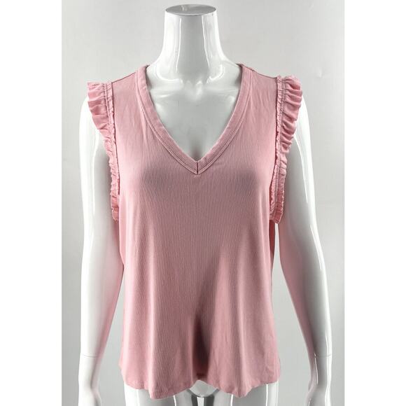 Nine West Tank Top Size XL Candy Pink Ruffle Sleeve Ribbed Stretch V Neck Womens - Picture 1 of 5